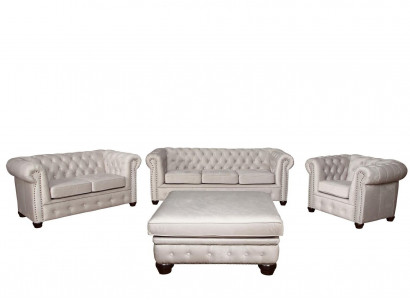 Chesterfield Sofa Set Couch Set 321+Ottoman Seat Upholstery Suites Textile